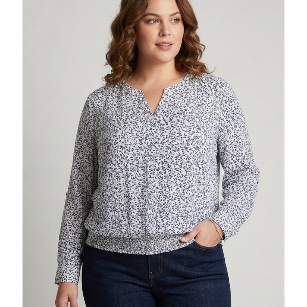 Lane Bryant Split Neck Leaf Print Blouse Navy & White Size 18